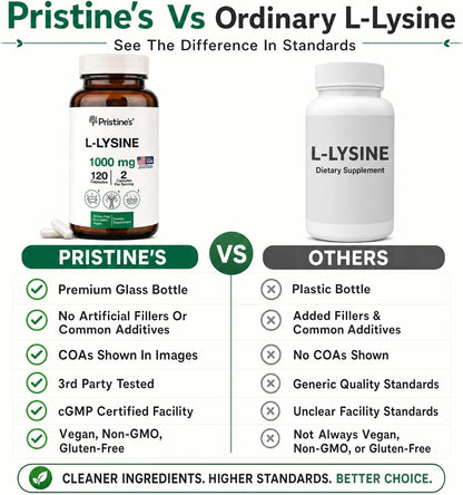 PRISTINE'S L-Lysine 1000mg Capsules, Lip Health & Immune Support, Vegan | Daily amino acid support for lip health and immune wellness. 60 day supply, vegan, non-GMO, gluten-free, glass bottle
