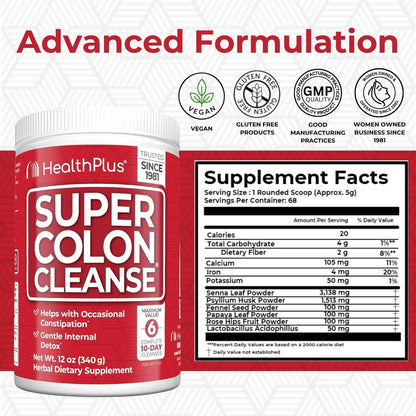Health Plus Super Colon Cleanse Powder with Senna Leaf & Psyllium, 12 oz | Contains senna leaf, psyllium husk, and fennel seed, 68 servings; may support occasional constipation relief and cleansing