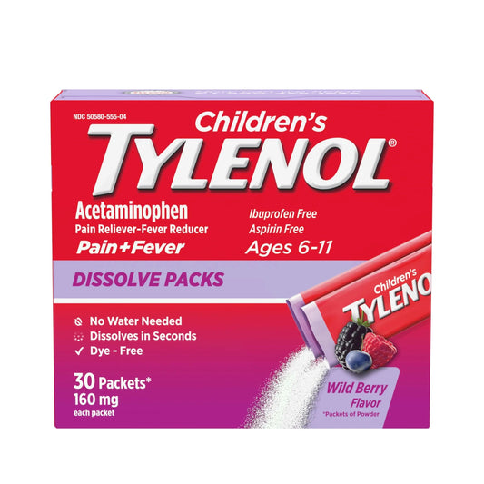 Children's Tylenol Dissolve Packs for Pain Relief, Fever Medication, 160 mg Acetaminophen, Dye Free, Kids' Powder Packets for Cold & Flu Symptom Relief; Wild Berry Flavor, 30 ct.; Pack of 1 TylenolBuy Supplements Australia