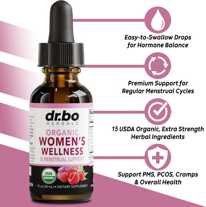 Hormone Balance for Women & PMS Relief - Women's Wellness Organic Hormonal Balance Supplements Liquid Drops & Menstrual Cramp Period Support - Raspberry Leaf, Chasteberry, Black Cohosh Supplement 1 Oz