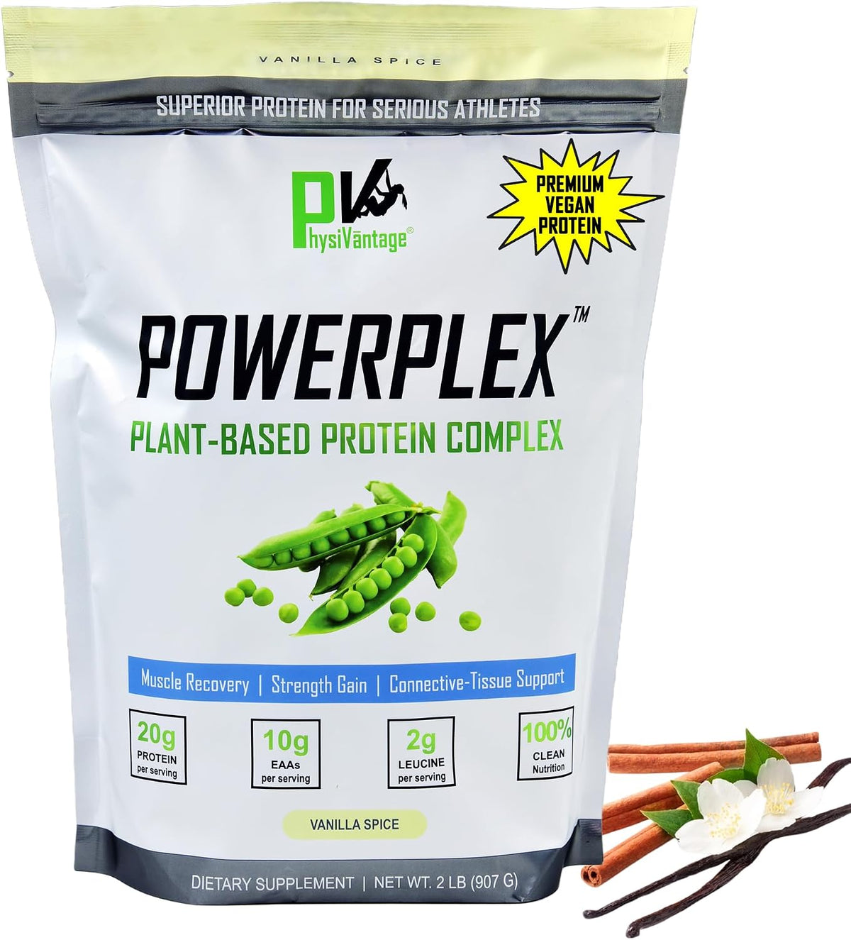 PhysiVantage POWERPLEX Vegan Protein Powder, Collagen Alternative - Organic Plant-Based Pea & Rice Protein, Dairy-Free, Non-GMO, Supports Muscle & Joint Recovery, Monk Fruit Sweetened 2 lb (Vanilla)