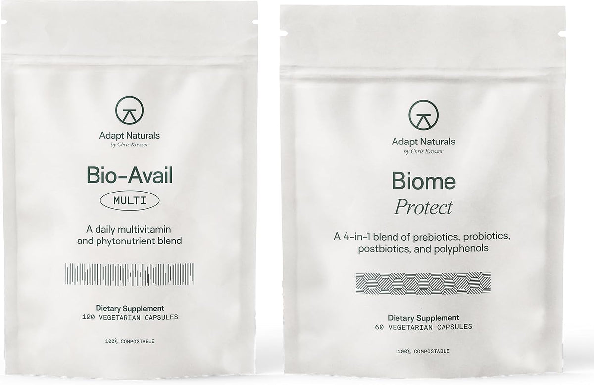Adapt Naturals Gut & Immune Health Bundle – Biome Protect 4-in-1 Prebiotics, Probiotics, Postbiotics Supplement & Bio-Avail Multivitamin for Men & Women – 30-Day Supply
