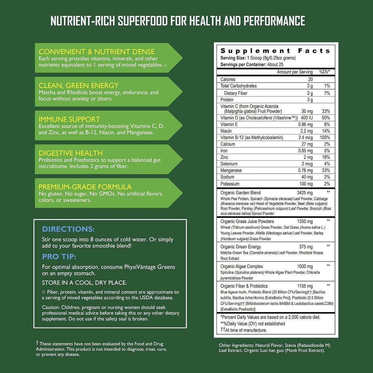 PhysiVantage - Organic Greens Powder - Helps Support Energy, Immunity, & Digestive Health - Prebiotics, Probiotics, Post-biotics - Natural Detox - Vegan - 25 Servings
