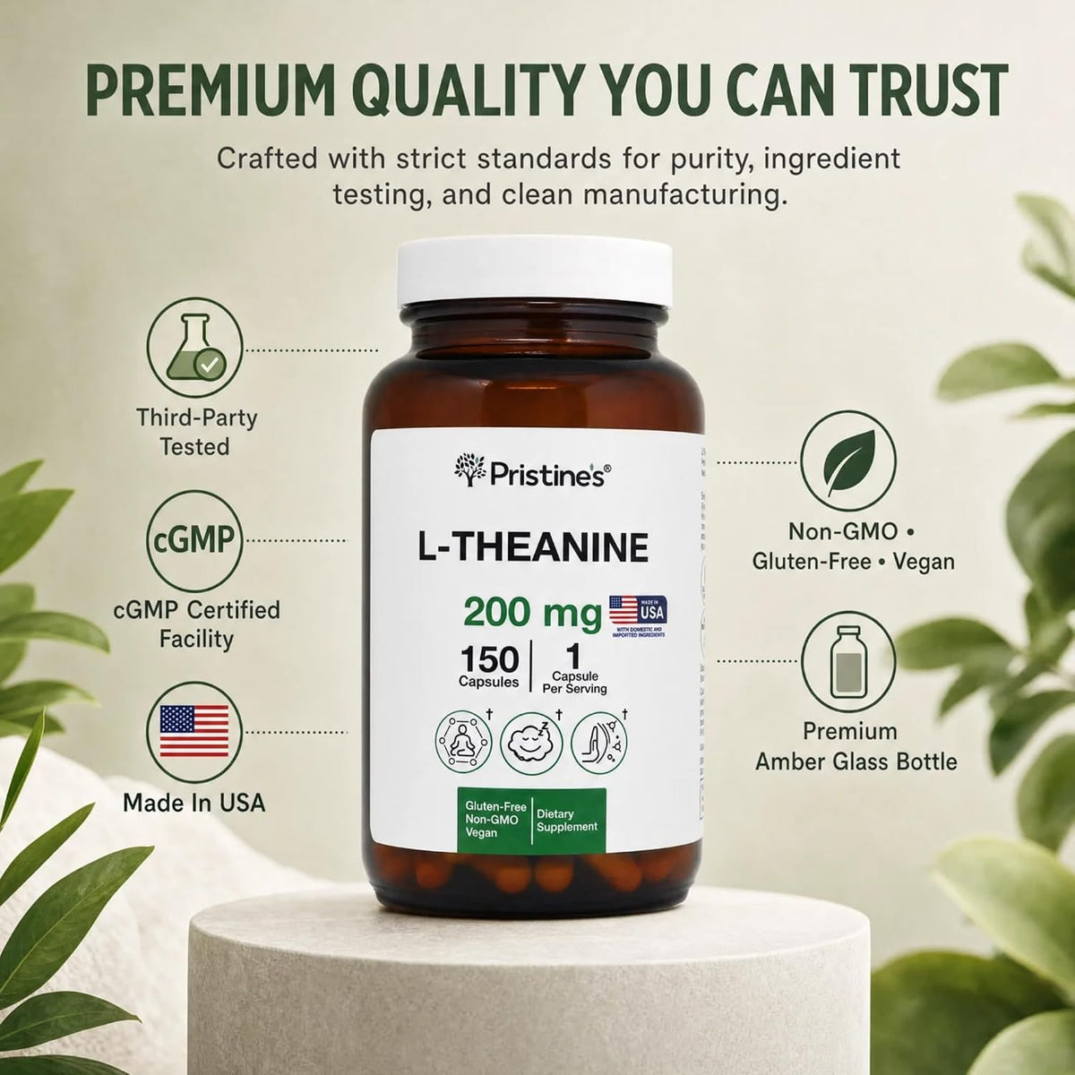 PRISTINE'S L-Theanine 200mg Capsules Sleep & Relaxation, Vegan, 150 Count | Calm focus, sleep and relaxation support without caffeine or stimulants. 150 count, vegan, non-GMO, gluten-free glass bottle