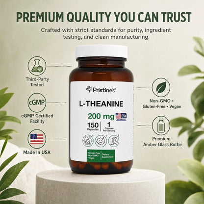 PRISTINE'S L-Theanine 200mg Capsules Sleep & Relaxation, Vegan, 150 Count | Calm focus, sleep and relaxation support without caffeine or stimulants. 150 count, vegan, non-GMO, gluten-free glass bottle