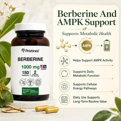 PRISTINE'S Berberine 1000mg Capsules, Daily Wellness Support, 75 Day Supply | Simple 2-capsule berberine routine with 1000mg per serving. Daily wellness, 75 day supply, vegan, non-GMO, gluten-free