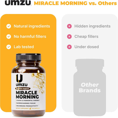 UMZU Miracle Morning Energy Support Supplement, 30 Day Supply | PurCaf Caffeine and Theacrine, Organic Ingredients, Morning Energy, Focus and Mood Support, Daily Energy and Focus Supplement