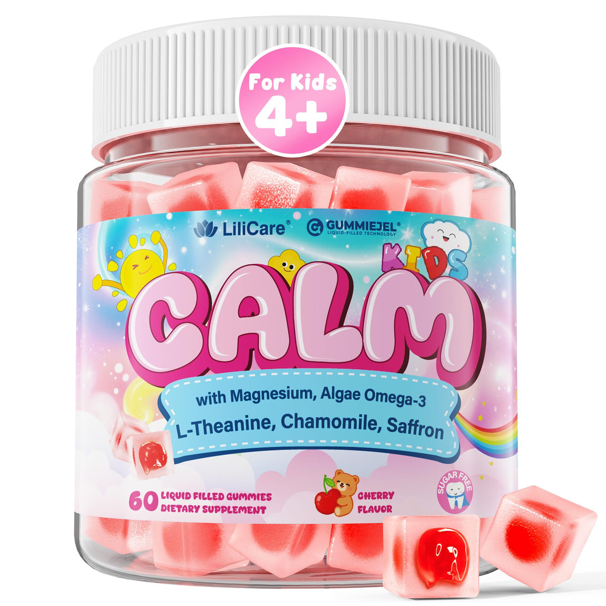 Kids Calm Magnesium Bisglycinate Saffron Gummies + Vegan Omega 3 - Magnesium Glycinate Chelated Supplement for Kids w/L-Theanine & Chamomile, Natural Calming Supplement Focus Gummies Sugar Free, 60ct