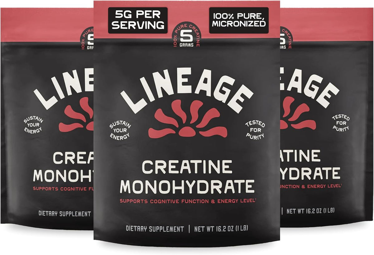 Lineage Provisions Creatine Monohydrate with Sea Salt, Bulk 3-Pack | Micronized creatine powder, unflavored creatine supplement for men & women, easy mix, 90 servings each.