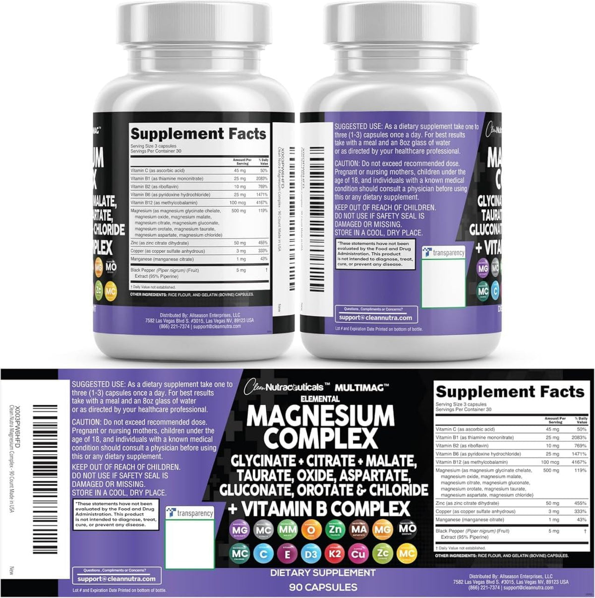 Clean Nutraceuticals Magnesium Complex with Magnesium Glycinate Citrate Malate Oxide Taurate Aspartate Orotate & Mag Chloride, Zinc Copper Manganese & Vitamin C B1 B2 B6 B12 Complex - 1Pack