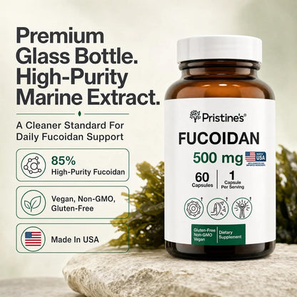 PRISTINE'S Fucoidan 500mg Brown Seaweed Extract Capsules, Vegan, 60 Count | Marine wellness support from brown seaweed extract. 60 count glass bottle, vegan, non-GMO, gluten-free, third-party tested
