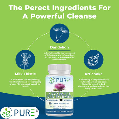 PURE® Advanced Liver Formula - 60 Vegetable Capsules, 30 Servings - High Potency Milk Thistle & NAC Detox Supplement - Liver Repair & Protection with Selenium, Zinc & Artichoke - Made in USA