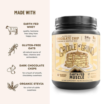 Earth Fed Muscle Griddle N' Grind Chocolate Chip Protein Pancake Mix & Waffle Mix – Protein Pancakes Gluten Free, High Protein & Fiber, Just Add Water – 2lbs, 13 Servings