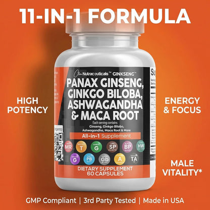 Clean Nutraceuticals Panax Ginseng Ginkgo Biloba Ashwagandha Maca Root - Focus Supplement Pills for Women and Men with Pine Bark Extract, Garlic, and Saw Palmetto - 60 Caps