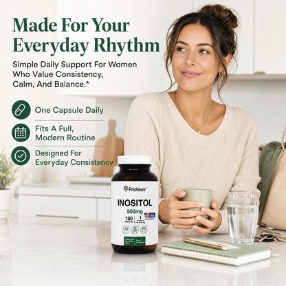 PRISTINE'S Myo-Inositol 500mg Capsules, Women's Health Support, 180 Count | Women's balance and cycle support for daily routines. 180 day supply, vegan, non-GMO, gluten-free capsules in a glass bottle