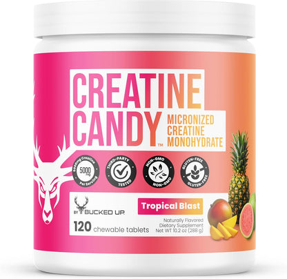 Bucked Up Creatine Candy Tropical Blast | Micronized Creatine Monohydrate | 120 Chewable Tablets, 24 Servings | Fizzy Creatine No Water Needed | Non GMO Gluten Free Third Party Tested