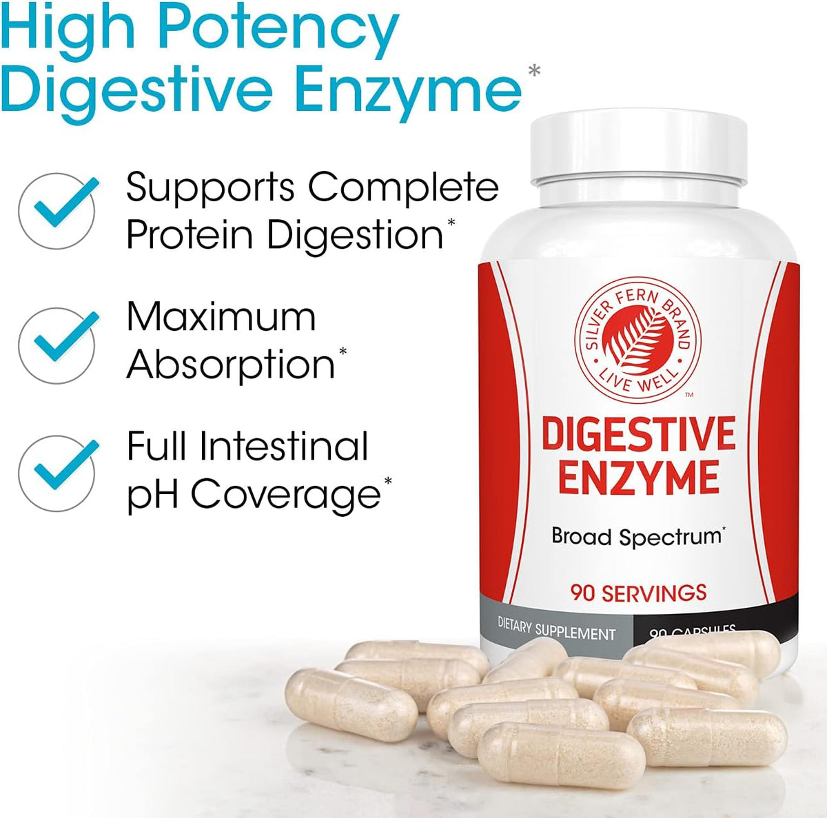 Silver Fern Brand Ultimate Digestive Enzyme Supplement 1 Bottle 90 Capsules | High Potency, Multi Enzyme - Digestive Comfort & Food Tolerance - Hemicullulase, Peptidase, Maltase, More