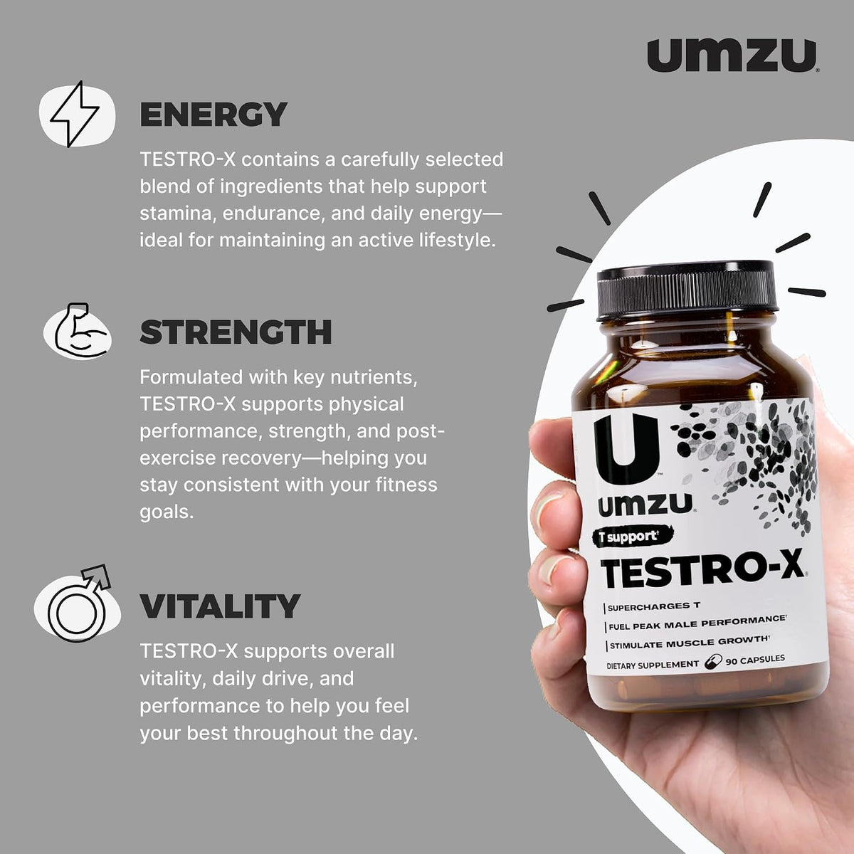 UMZU Testro-X Testosterone Support for Men, 90 Capsules, 30 Day Supply | KSM-66 Ashwagandha and Zinc, Men's Energy, Focus, Strength, Muscle Recovery, Testosterone Support and Daily Wellnes