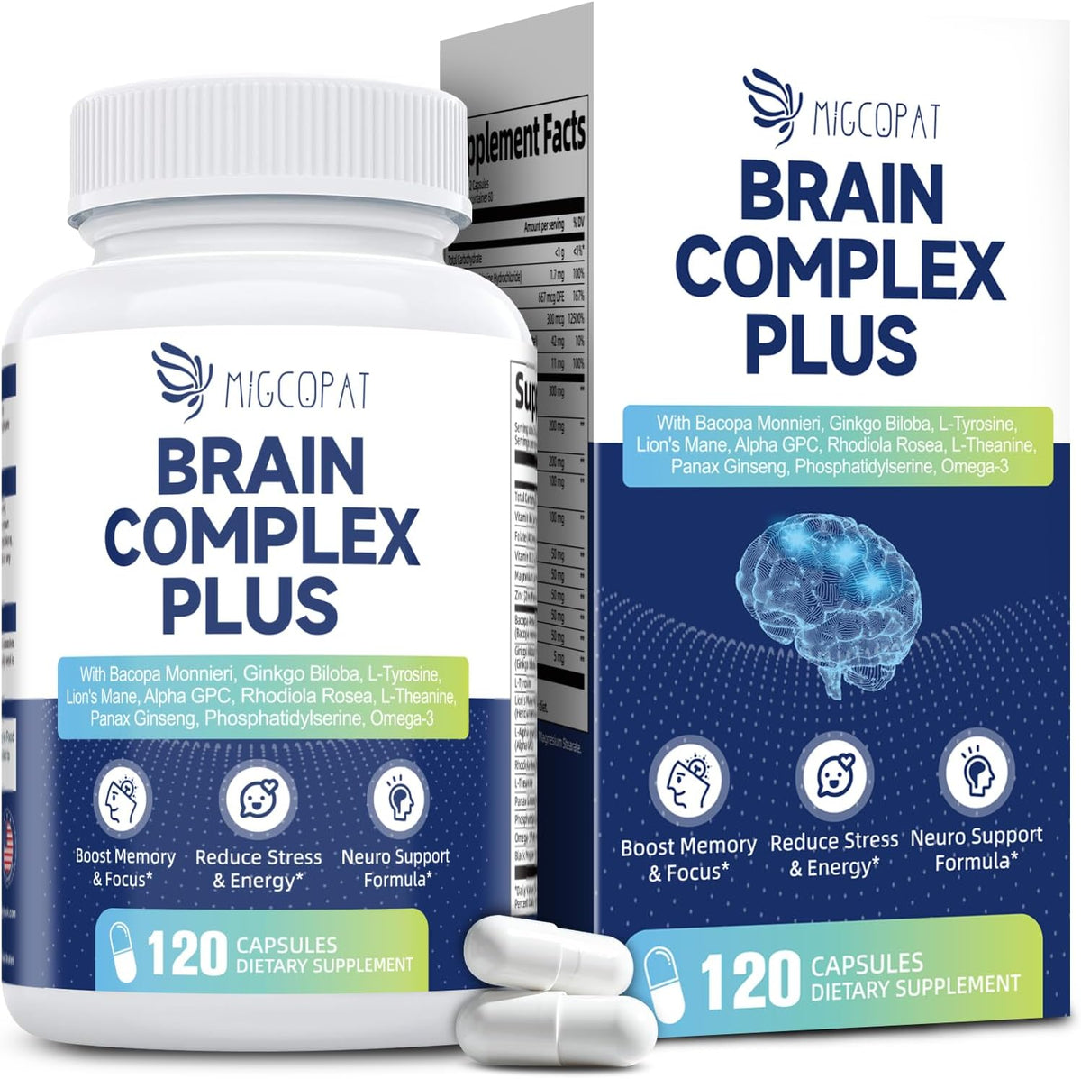 Brain Supplements for Memory & Focus - Nootropic with Bacopa Monnieri, Lion's Mane, Alpha GPC, Phosphatidylserine | Supports Mental Clarity & Cognitive Function | Vitamin B6 & B12-120 Capsules