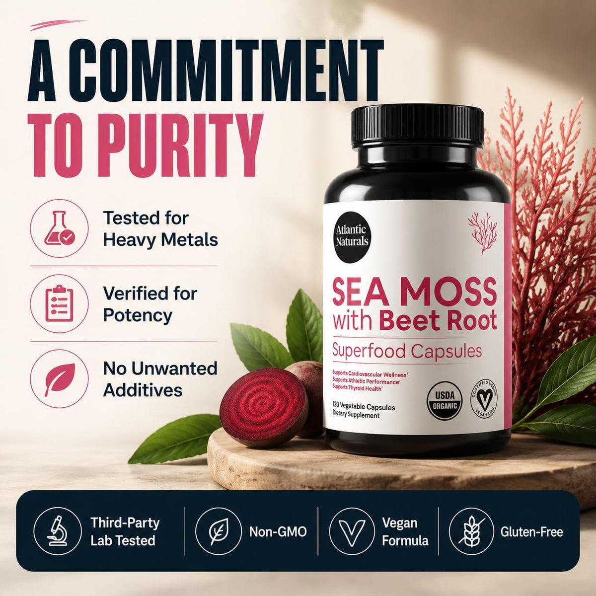 Atlantic Naturals Sea Moss with Beet Root Capsules - Premium Quality Multivitamin Supplement - Sea Moss Superfood to Support Immune Health, Blood Flow, Joint Health & Athletic Performance - 120 ct
