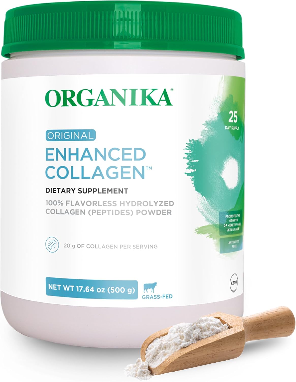 Organika Enhanced Hydrolyzed Collagen Peptides Powder: Easy Absorption Unflavored Collagen Powder for Skin, Hair, Nails, Joints, Muscles, & Gut - Keto, GMO-Free, Grass-Fed (1.1 Pounds)