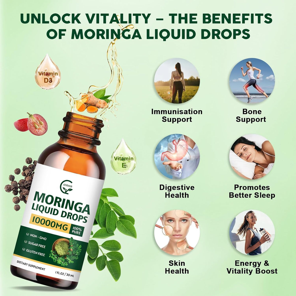 (2 Pack) Organic Moringa Liquid Drops, Moringa Supplement with Turmeric, Black Pepper, Grape Seed Extract, Pure Moringa Oleifera Leaf Extract for Skin, Gut, Immune Support, More Potency Than Powder