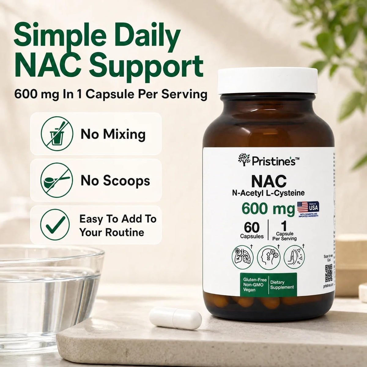PRISTINE'S NAC 600mg N-Acetyl Cysteine Capsules, Glutathione Support | Glutathione support in a simple NAC capsule routine. Antioxidant support, 60 day supply, vegan, non-GMO, gluten-free