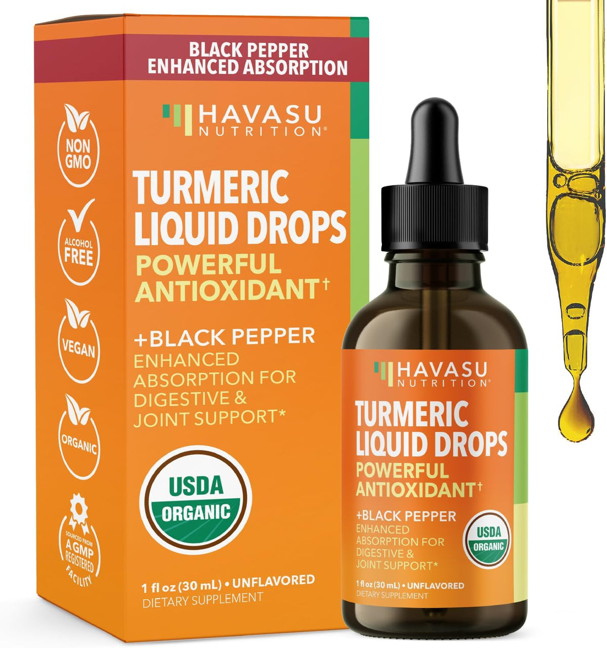 Organic Turmeric Supplement Liquid Drops, Unflavored,1 Fl Oz, 30 Servings | Liquid Turmeric with Black Pepper, USDA Certified, Vegan, Non-GMO 1000mg Curcumin for Movement and Immune Support