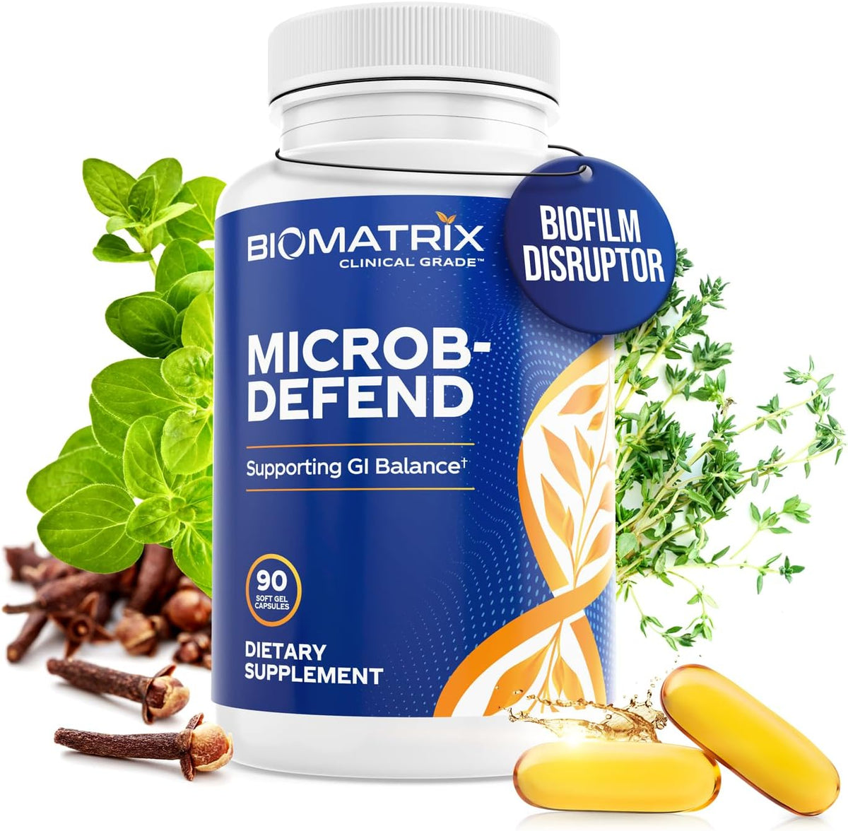 Biofilm Disruptor, GI Repair Digestive Supplement for Men and Women, Oil of Thyme, Oregano & Clove, Gut Microbiome & Intestinal Health Support | Microb-Defend (90 Softgels)