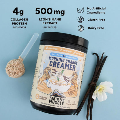 Earth Fed Muscle Vanilla Protein Coffee Creamer Powder, 24 Servings | Collagen Peptides, Lion's Mane, Coconut Milk, Non-Dairy, Morning Charge - Focus + Joint Support
