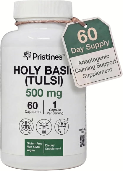 PRISTINE'S Holy Basil Tulsi 500mg Adaptogen Capsules, Vegan, 60 Day Supply | Calm and relaxation support in a simple Tulsi (holy basil) capsule routine. 60 day supply, vegan, non-GMO, gluten-free