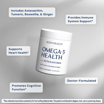 BodyHealth Omega 3 Health, Fish Oil Supplement for Women and Men, Heart and Brain Health, Fish Oil Pills, Fatty Acid Supplements, Omega 3 Vitamins - 60 Soft Gels