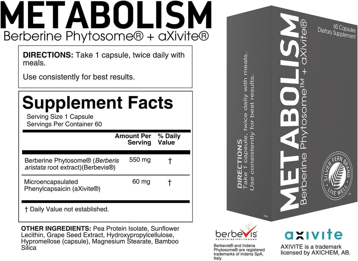 Silver Fern Brand Metabolism Supplement 60 Capsules | Berberine Phytosome & aXivite – Supports Function & Wellness