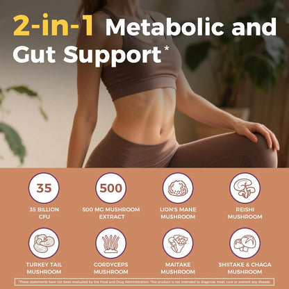 NewRhythm Probiotics 35 Billion CFU, Mushroom Probiotics Supplement for Women & Men, 7 Mushroom Extract, Turkey Tail, Reishi, Lion's Mane, Natural Prebiotics, Digestive & Immune, 30 Caps