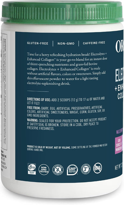 Organikа Electrolytes with Enhanced Collagen Powder for Women & Men - 13 oz - Wild Berry-Flavored Effervescent Electrolyte & Collagen Drink Mix - Deep Hydration, Mobility, Skin, Hair, & Nails