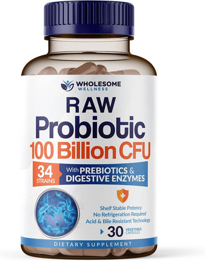 Wholesome Wellness Organic Probiotics 100 Billion CFU + Grass Fed Desiccated Beef Liver Capsules Bundle