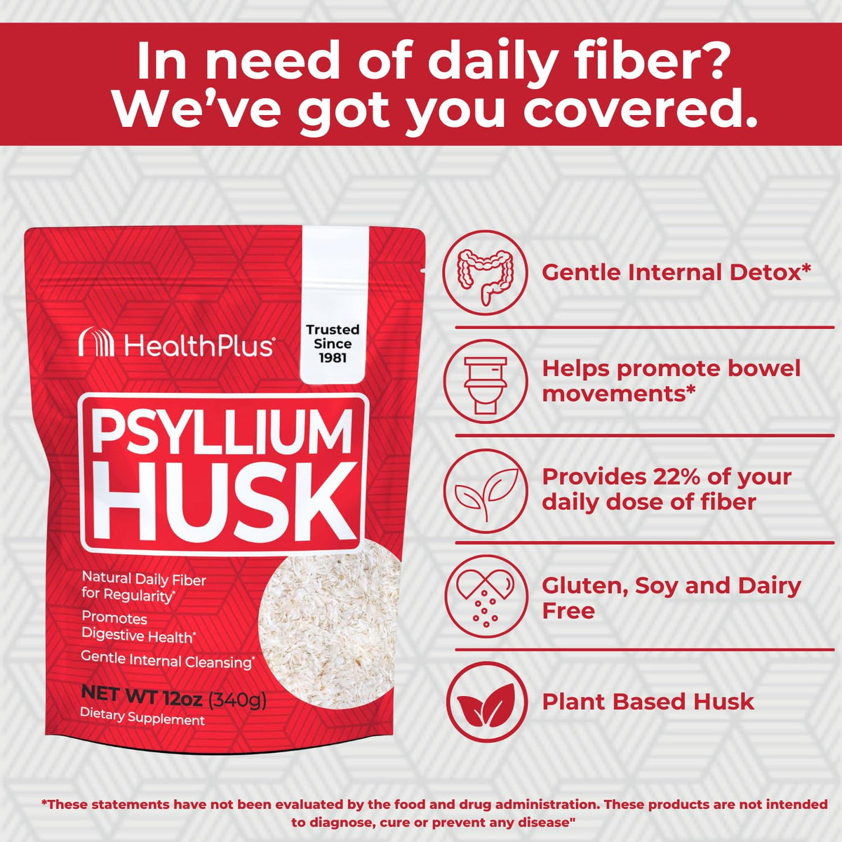 Health Plus Daily Psyllium Husk Fiber, 24 oz, 96 Servings | Pure psyllium husk fiber supplement; helps with occasional constipation, supports daily regularity, and keto baking uses