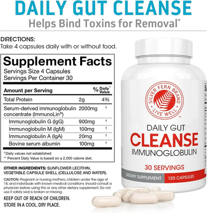 Silver Fern Cleanse - Daily Gut - 1 Bottle - 120 Capsules - 30 Day Supply | Immunoglobulin G, A & M -(IgG, IGA, IgM) - Digestive System & Immune System Support - Postbiotic