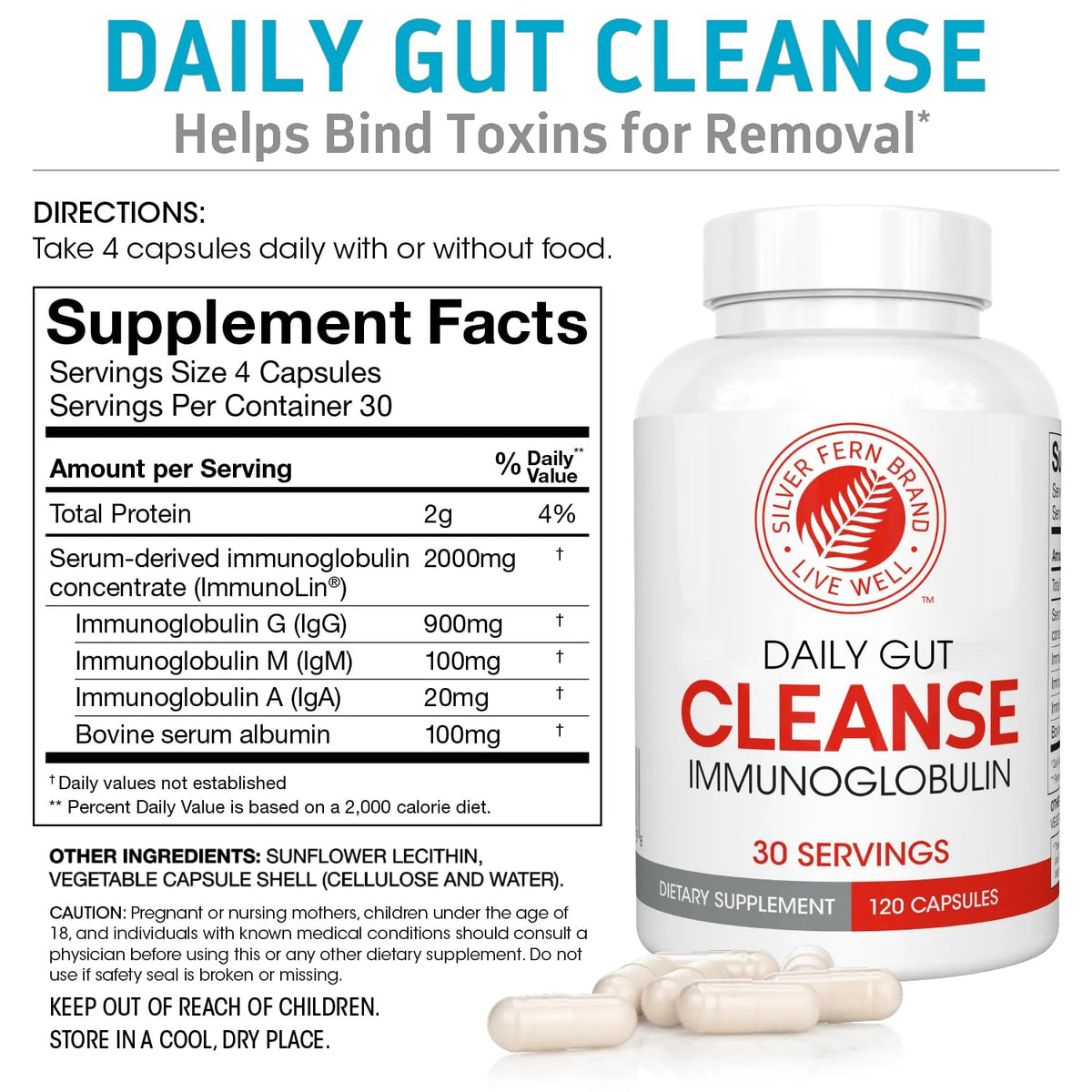 Silver Fern Cleanse - Daily Gut - 1 Bottle - 120 Capsules - 30 Day Supply | Immunoglobulin G, A & M -(IgG, IGA, IgM) - Digestive System & Immune System Support - Postbiotic