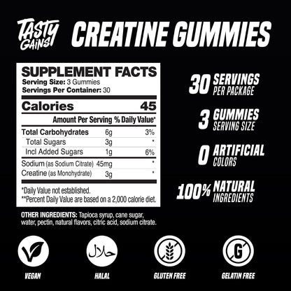 TASTY GAINS Creatine Gummies - 90g of Creatine Monohydrate - Workout Supplements - Build Muscle & Boost Strength for Men & Women - Made in USA - Non GMO - (Large, Strawberry Creamsicle Flavor)