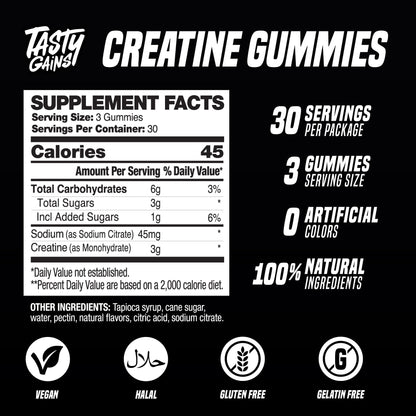 TASTY GAINS Creatine Gummies - 90g of Creatine Monohydrate - Workout Supplements - Build Muscle & Boost Strength for Men & Women - Made in USA - Non GMO - (Large, Strawberry Creamsicle Flavor)