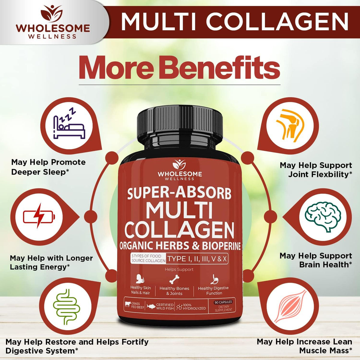 Wholesome Wellness Digestive Enzymes 1000MG Plus Prebiotics & Probiotics Supplement + Super-Absorb Multi Collagen Pills (Type I II III V X) Organic Herbs and Bioperine Bundle