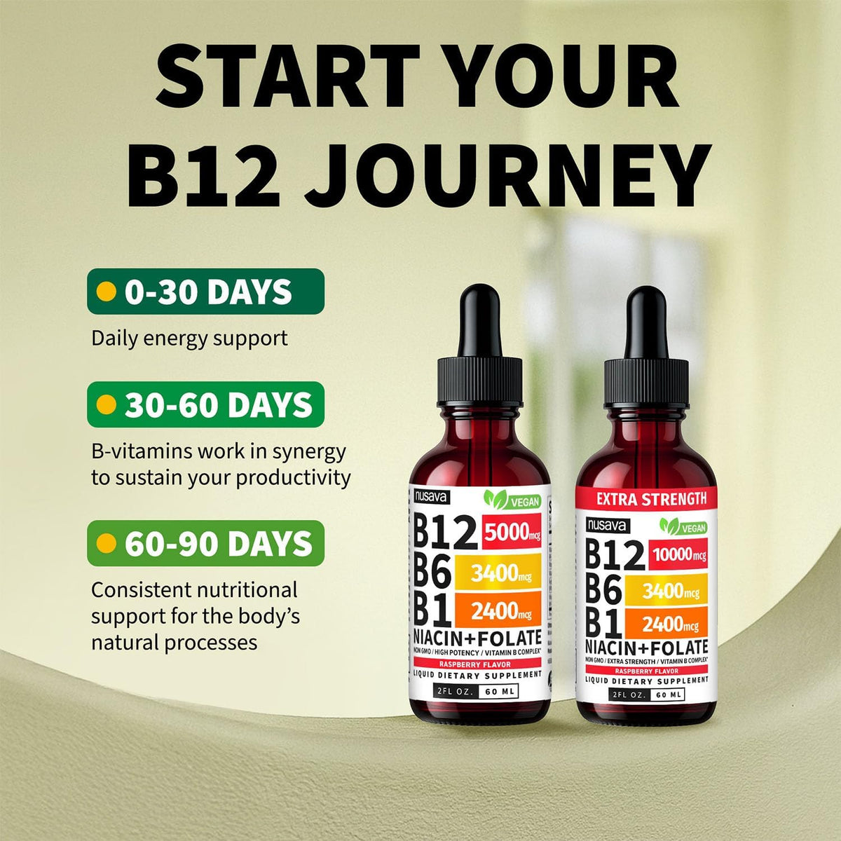 NUSAVA (2 Pack) Extra Strength Liquid Vitamin B12 Sublingual Vitamin B Complex (Raspberry) - (2-Pack) Vitamin D3 K2 Drops, B12 5000 mcg Sublingual, D3 5000 IU with MCT Oil and Omega 3 (Strawberry)