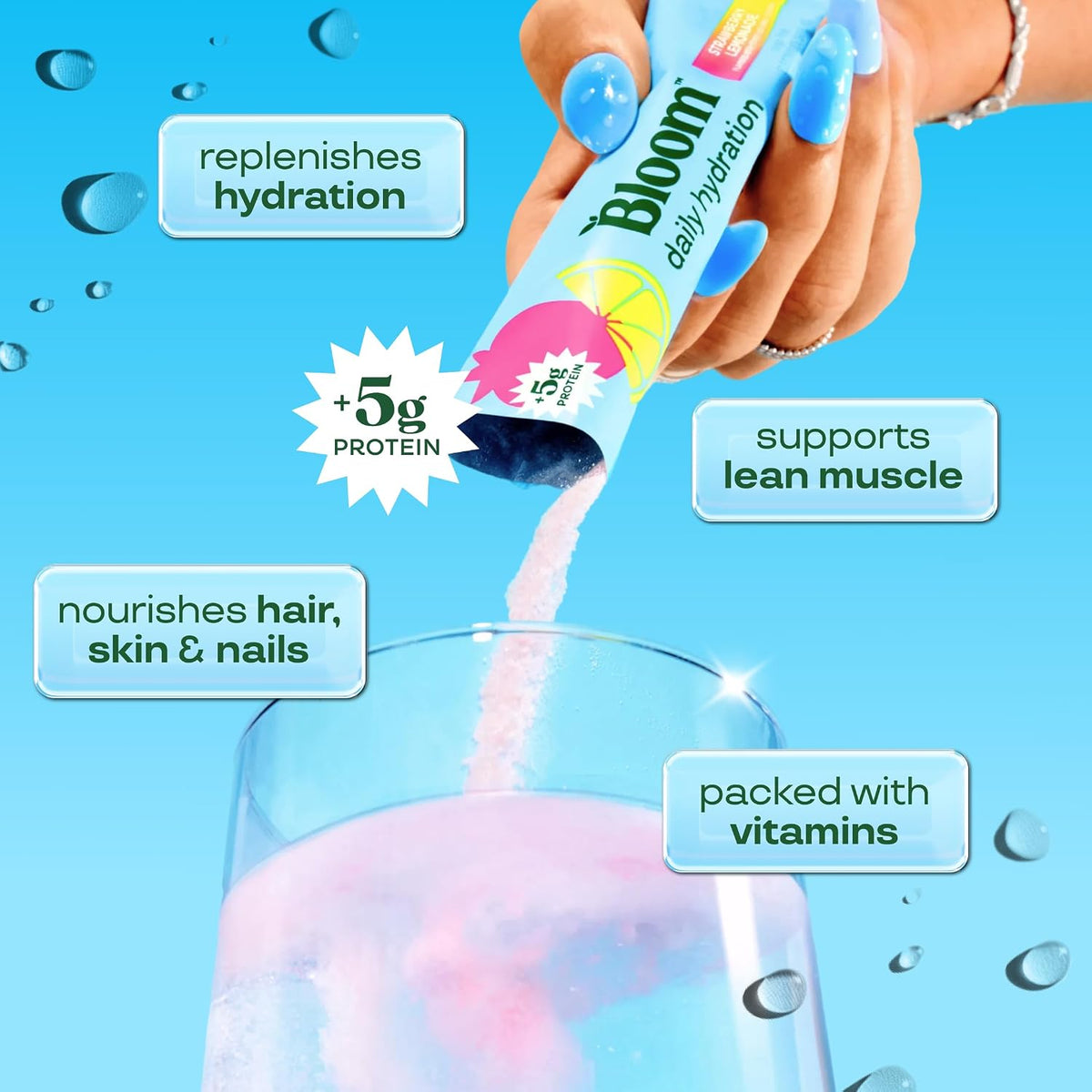 Bloom Nutrition Hydration Electrolyte Sticks, Strawberry Lemonade, 5 Count | Electrolytes with Collagen, 5g Protein, Vitamins & Minerals, Sugar Free Drink Mix