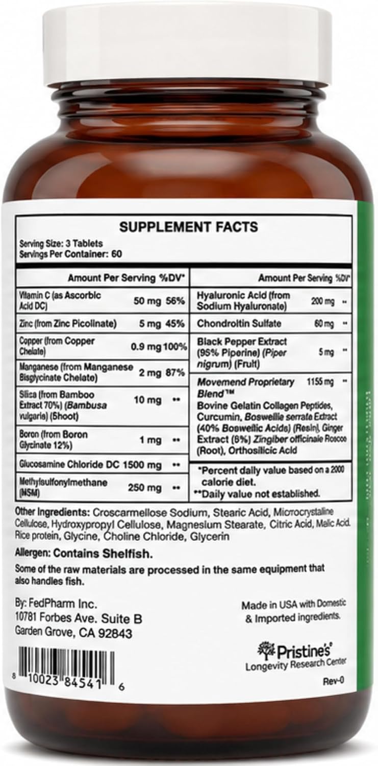 PRISTINE'S Movemend Glucosamine MSM Chondroitin Joint Support, 180 Tablets | Hyaluronic acid, Collagen Peptides, Vitamin C, Boswellia, Curcumin, Ginger, and Black Pepper For Joint Comfort and Mobility.