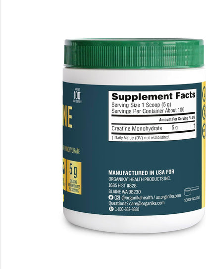 Organika Creatine Powder- 100% Pure Micronized Creatine Monohydrate - Helps Build Lean Muscle, Increase Strength, and Improved Recovery and Performance for Men and Women - 500g, 100 Servings