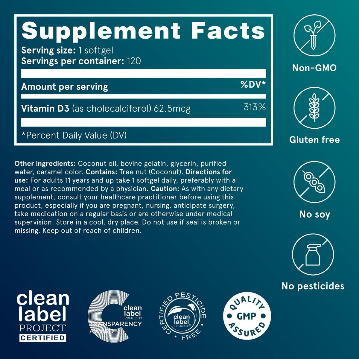 Puori Vitamin D3 Softgels, 2500 IU (62.5 mcg) - Fast Absorbing Vitamin D3 Supplements for Immune System Support, Bone Health & Density and Healthy Muscle Functions - Non-GMO & Gluten-Free - 120 Count