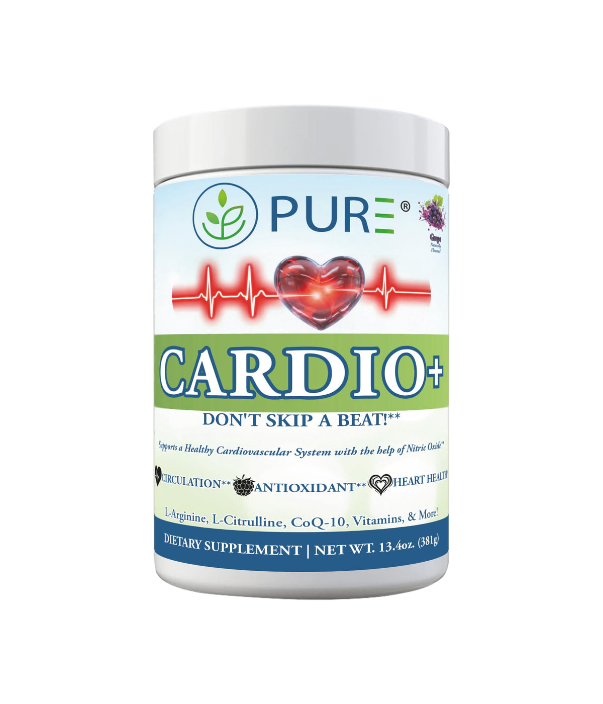 PURE® Cardio+ Nitric Oxide Heart & Circulation Support - 5000mg L-Arginine & 1000mg L-Citrulline - Mango, 30 Servings Powder, 375 Grams - CoQ10 Beet Root - High Potency Cardiovascular Formula