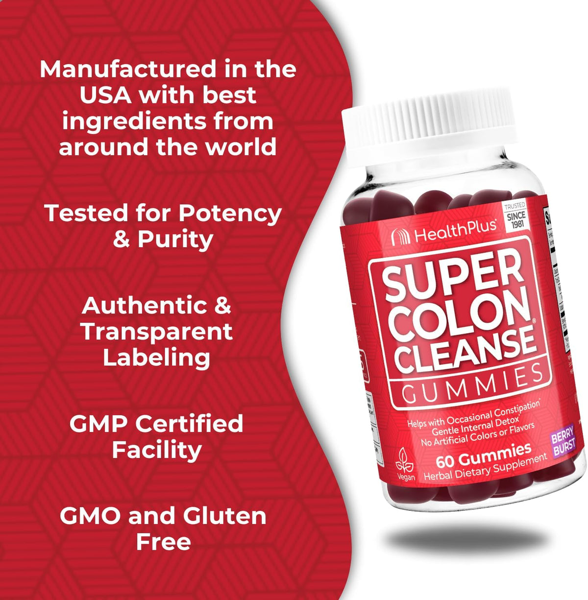 Health Plus Super Colon Cleanse Gummies, Mixed Berry, 60 Ct, 15 Servings | 15 day cleanse with natural senna leaf extract; may support occasional constipation relief and gentle cleansing
