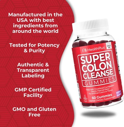 Health Plus Super Colon Cleanse Gummies, Mixed Berry, 60 Ct, 15 Servings | 15 day cleanse with natural senna leaf extract; may support occasional constipation relief and gentle cleansing